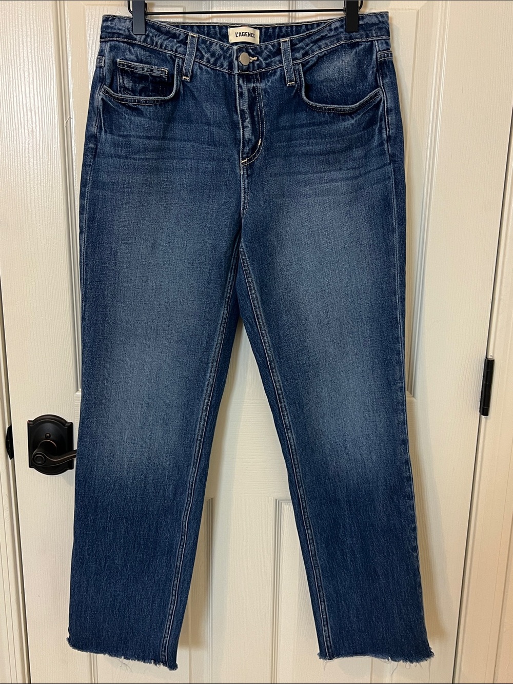 L'AGENCE Jeans Milana Low Rise Brentwoood Straight Leg Blue Fray Hem
